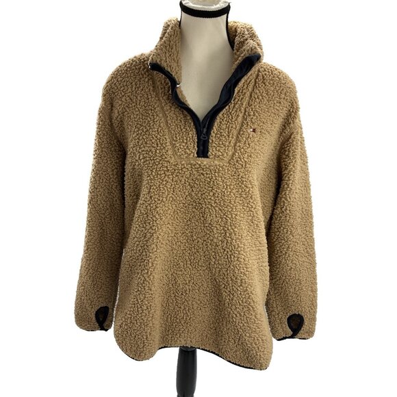 Tommy Hilfiger Womens S Tan Sherpa Fleece 1/4 Zip Pullover Jacket Long Sleeve - Picture 1 of 8